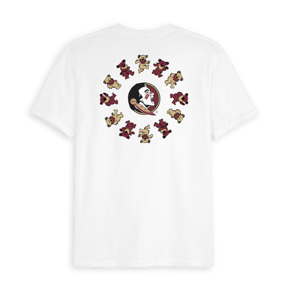 White collegiate t-shirt with Florida State logo and dancing bears graphic on back. Class Trip | Officially Licensed Collegiate Apparel