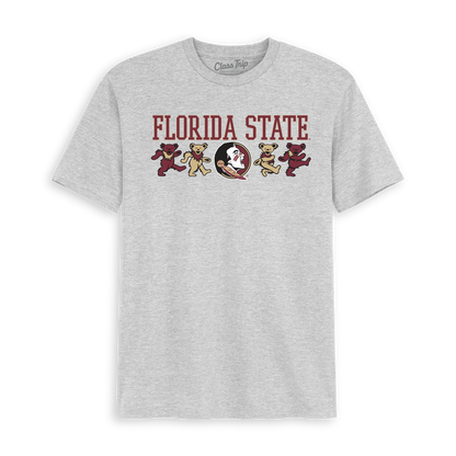 Heather gray Florida State t-shirt with Grateful Dead dancing bears and collegiate logo. Class Trip | Officially Licensed Collegiate Apparel