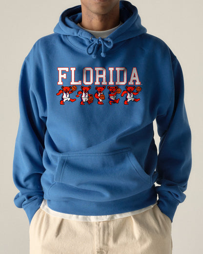 Blue Florida hoodie featuring cartoon basketball bears, collegiate style. Class Trip | Officially Licensed Collegiate Apparel