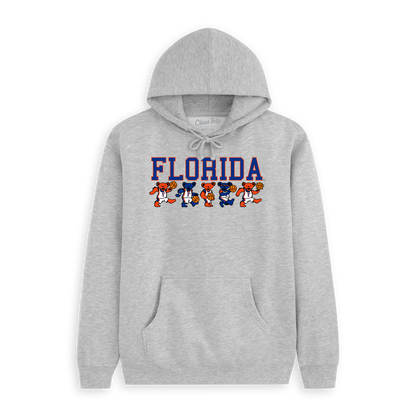Gray Florida hoodie with colorful basketball bears graphic and bold collegiate text. Class Trip | Officially Licensed Collegiate Apparel