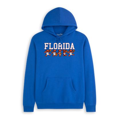 Blue Florida hoodie with cartoon basketball bears design on chest. Class Trip | Officially Licensed Collegiate Apparel