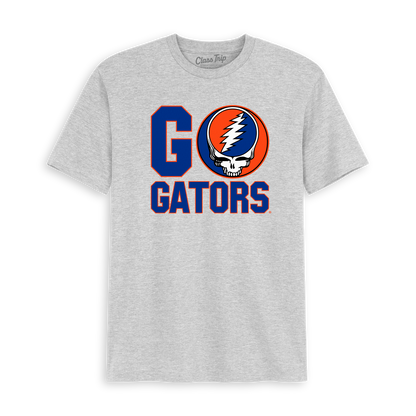 Grey t-shirt with 'Go Gators' and Grateful Dead skull logo in blue, orange, and white. Class Trip | Officially Licensed Collegiate Apparel