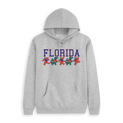 Gray Florida hoodie with colorful dancing bears mascot graphic. Class Trip | Officially Licensed Collegiate Apparel
