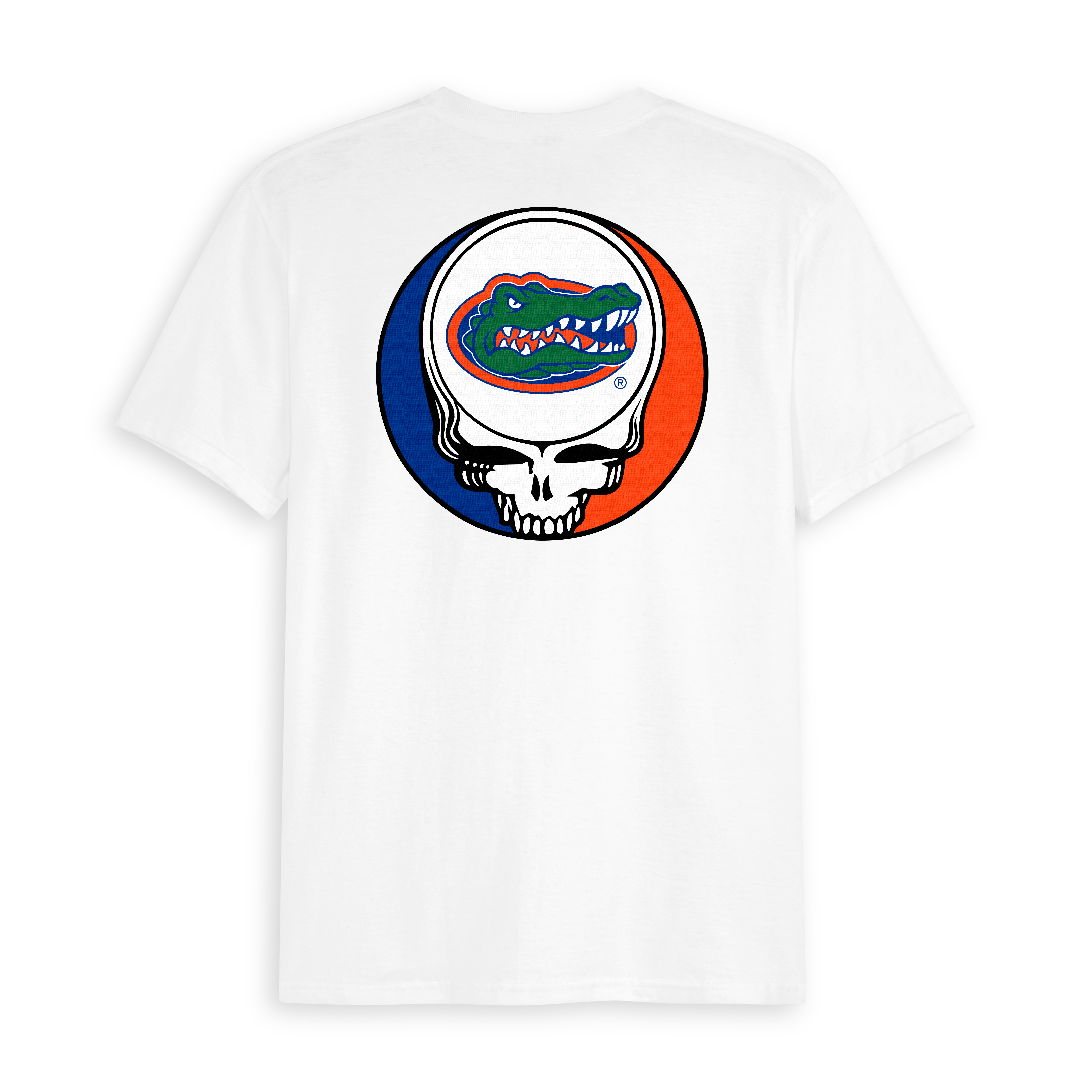 White collegiate tee with skull and alligator logo, blue and orange background. Class Trip | Officially Licensed Collegiate Apparel