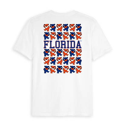 White t-shirt with stacked orange and blue dancing bears and large FLORIDA text on back. Class Trip | Officially Licensed Collegiate Apparel