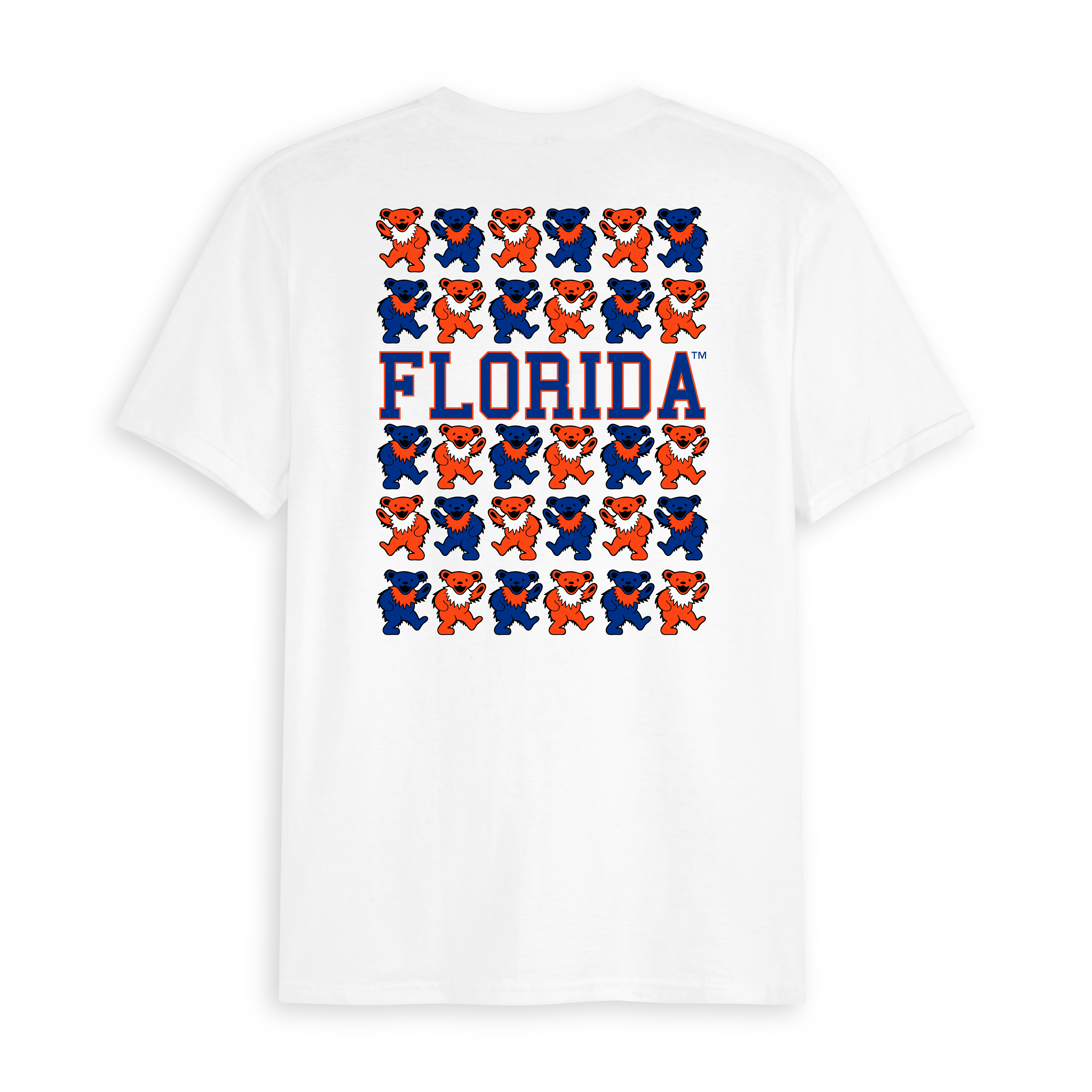 White t-shirt with stacked orange and blue dancing bears and large FLORIDA text on back. Class Trip | Officially Licensed Collegiate Apparel
