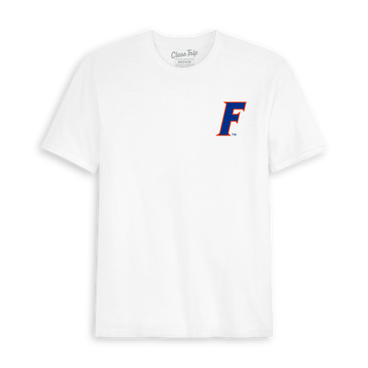 White collegiate t-shirt with blue and orange varsity F logo on chest. Class Trip | Officially Licensed Collegiate Apparel