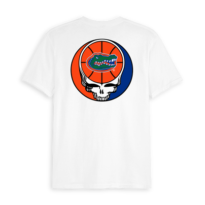 White collegiate t-shirt with alligator mascot and skull basketball graphic on back. Class Trip | Officially Licensed Collegiate Apparel