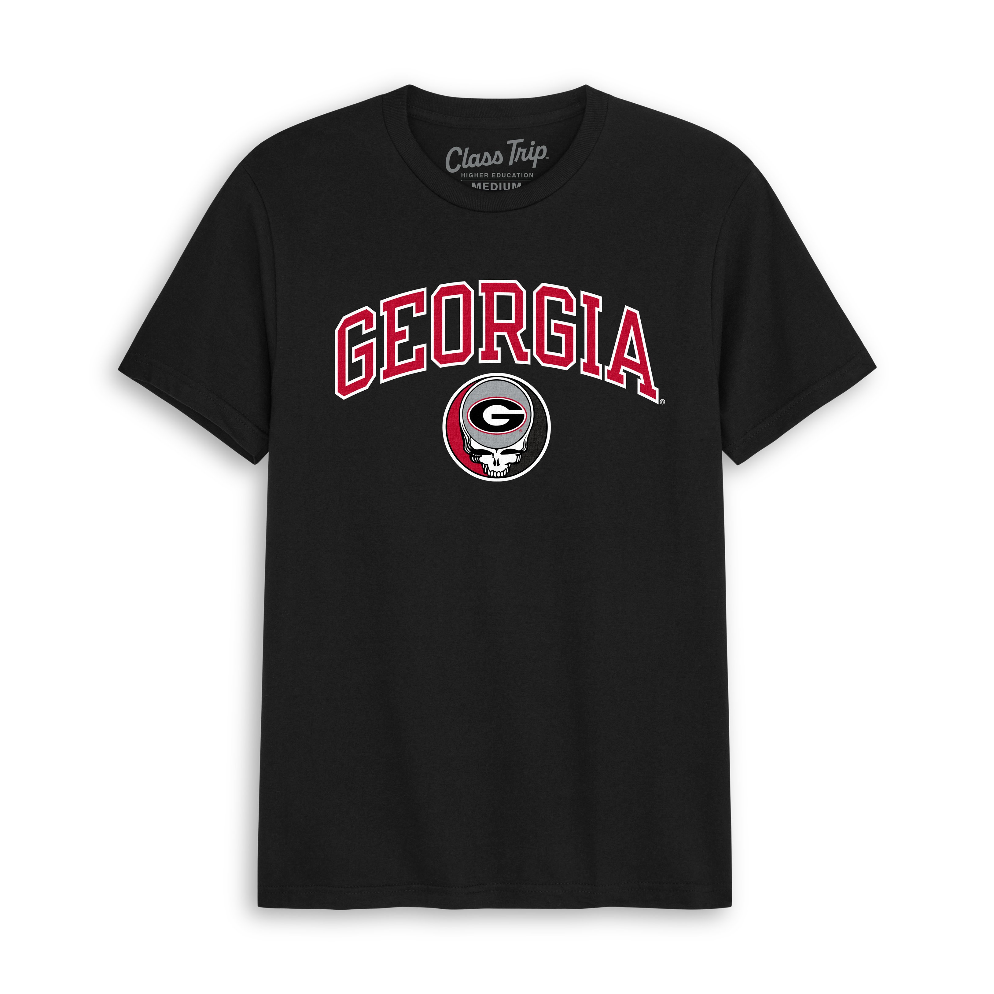 Black Georgia tee with red collegiate lettering and skull graphic, Class Trip | Officially Licensed Collegiate Apparel