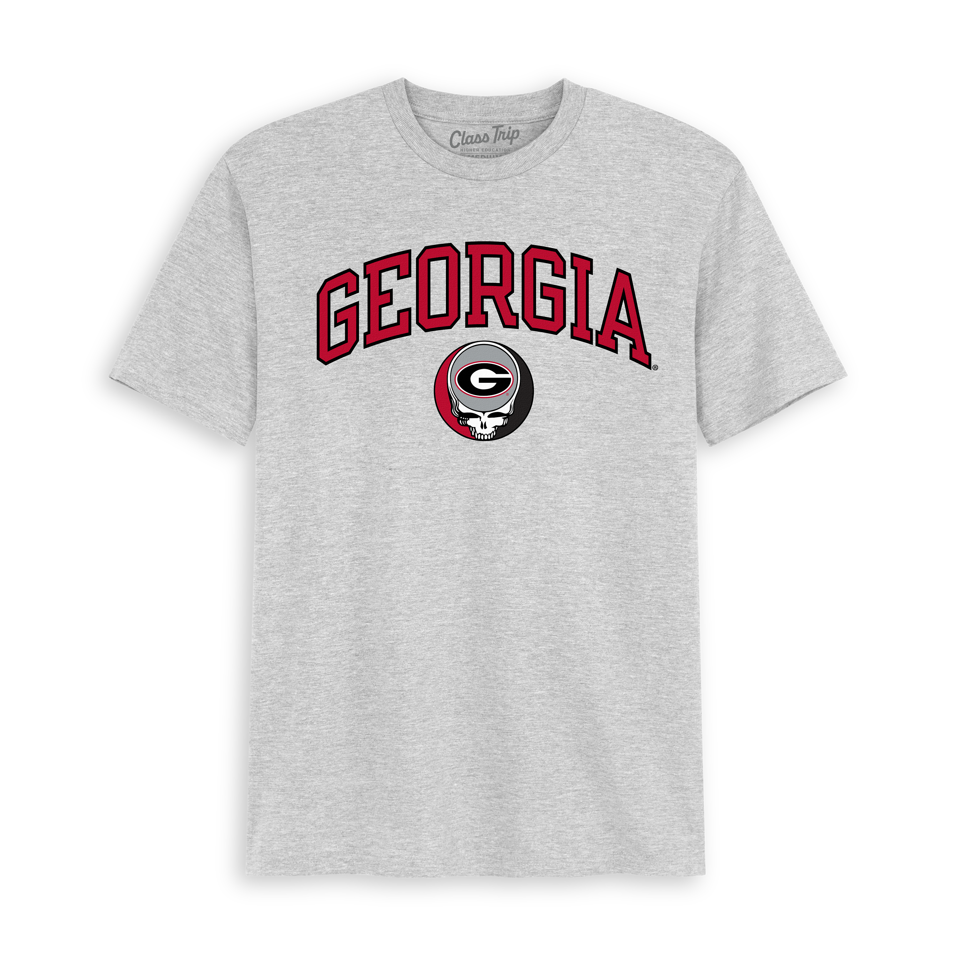 Gray Georgia collegiate t-shirt with Grateful Dead skull logo. Class Trip | Officially Licensed Collegiate Apparel