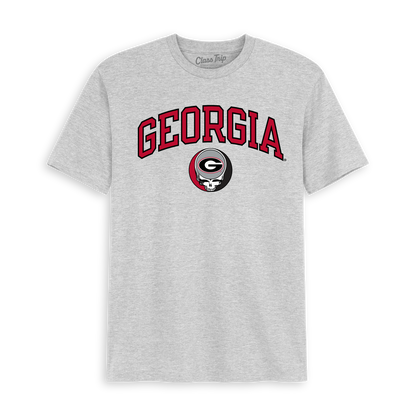 Gray Georgia collegiate t-shirt with Grateful Dead skull logo. Class Trip | Officially Licensed Collegiate Apparel