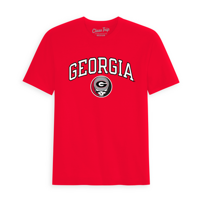 Red Georgia collegiate t-shirt with arched text and logo graphic. Class Trip | Officially Licensed Collegiate Apparel