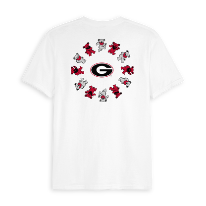 White Georgia tee with dancing bears circle and large G logo on back, collegiate t-shirt. Class Trip | Officially Licensed Collegiate Apparel