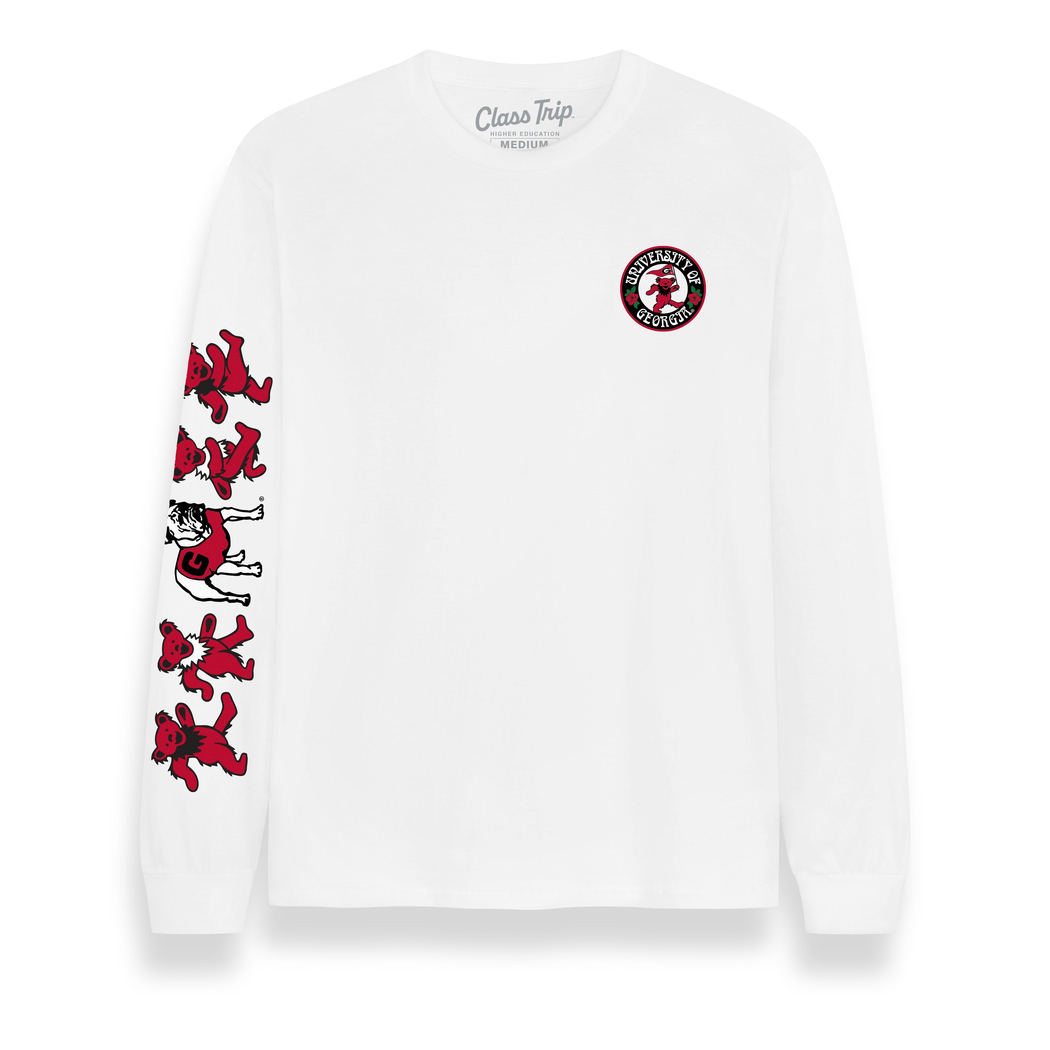 White University of Georgia long sleeve tee with Grateful Dead mascot bears on sleeve, Class Trip | Officially Licensed Collegiate Apparel