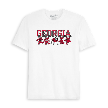 White Georgia Bulldogs mascot t-shirt with red dancing bears graphic, collegiate spirit wear. Class Trip | Officially Licensed Collegiate Apparel