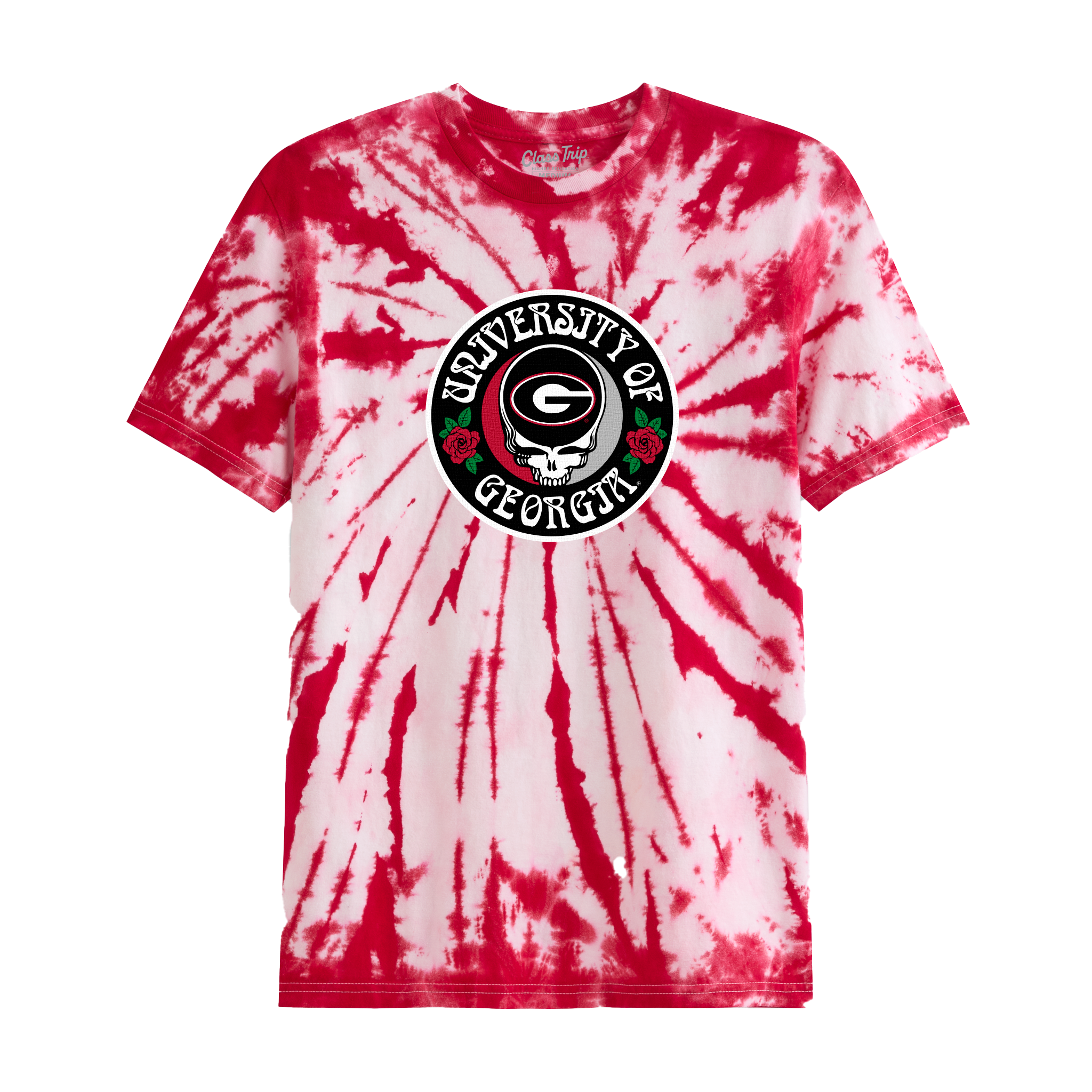 University of Georgia red tie dye t-shirt with Grateful Dead roses graphic, Class Trip | Officially Licensed Collegiate Apparel