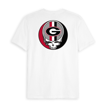 White collegiate t-shirt with Georgia logo and Grateful Dead skull graphic on back. Class Trip | Officially Licensed Collegiate Apparel