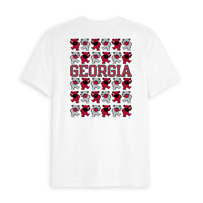 White Georgia collegiate t-shirt with stacked red and gray dancing bears graphic. Class Trip | Officially Licensed Collegiate Apparel