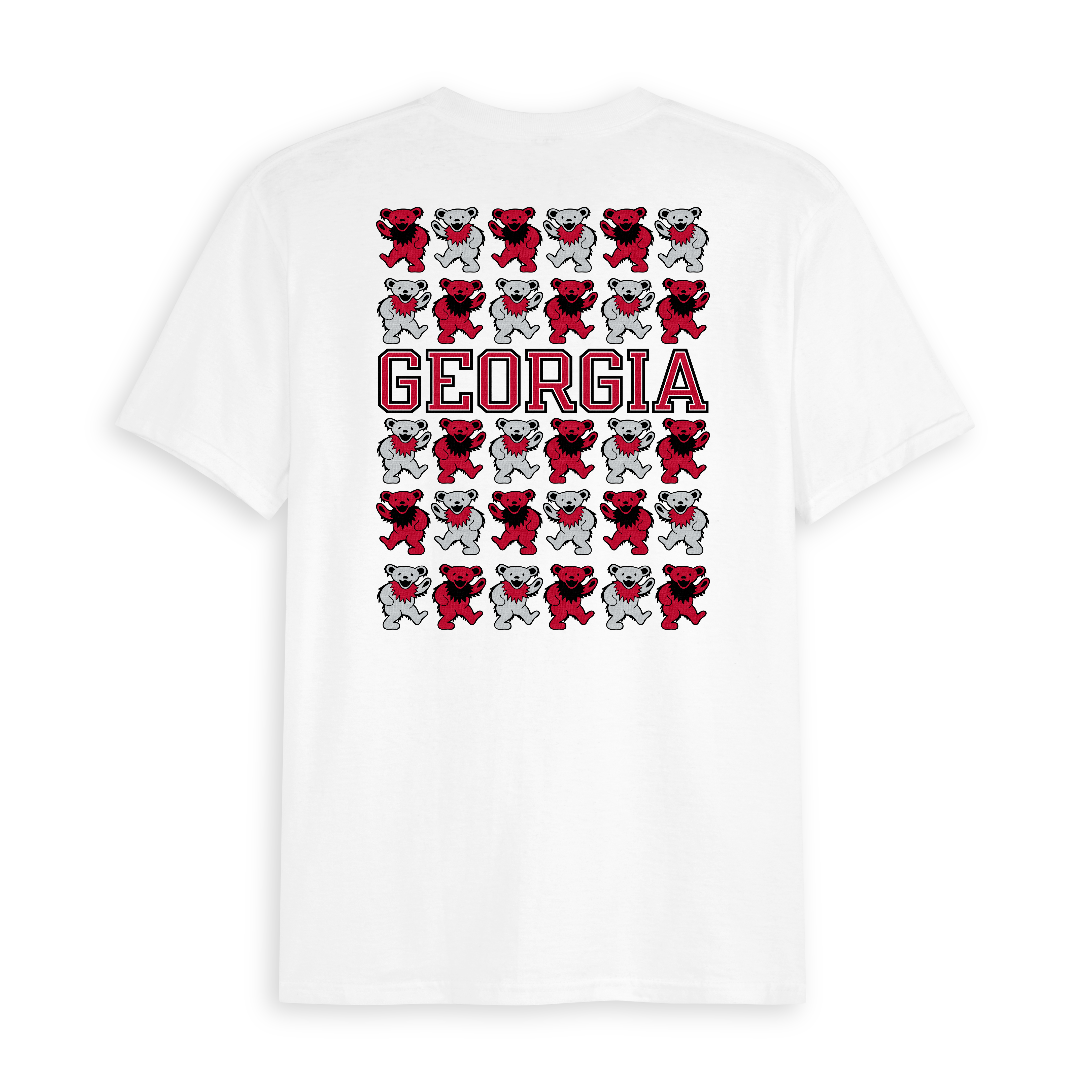 White Georgia collegiate t-shirt with stacked red and gray dancing bears graphic. Class Trip | Officially Licensed Collegiate Apparel