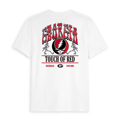 White Georgia collegiate tee with red and black Grateful Dead graphic, Touch of Red text. Class Trip | Officially Licensed Collegiate Apparel