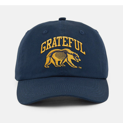 Front view of the Navy Cal Berkeley x Grateful Dead Skeleton Bear Dad Hat. Class Trip | Higher Education