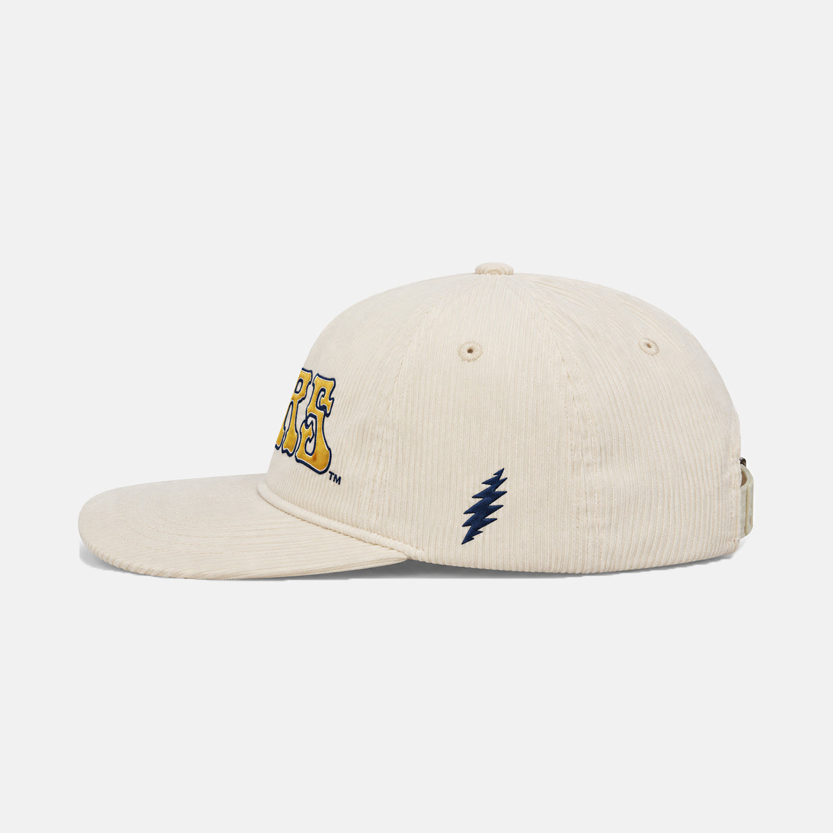 Left side view of the Off-White Cal Berkeley x Grateful Dead Script Cord Hat. Class Trip | Higher Education