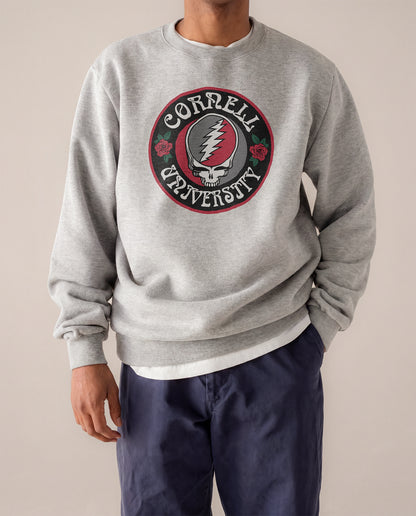 Gray Cornell University sweatshirt with Grateful Dead skull logo, roses, vintage collegiate style. Cornell University | Class Trip | Officially Licensed Collegiate Apparel