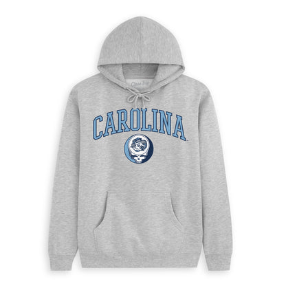 Gray Carolina hoodie with blue arch text and skull logo, Class Trip | Higher Education