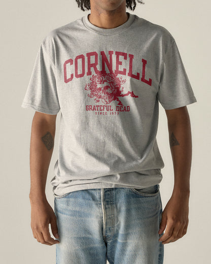 Cornell Grateful Dead vintage tee with skull and roses graphic, gray crew neck t-shirt. Cornell Grateful Dead Since 1977. Class Trip | Officially Licensed Collegiate Apparel
