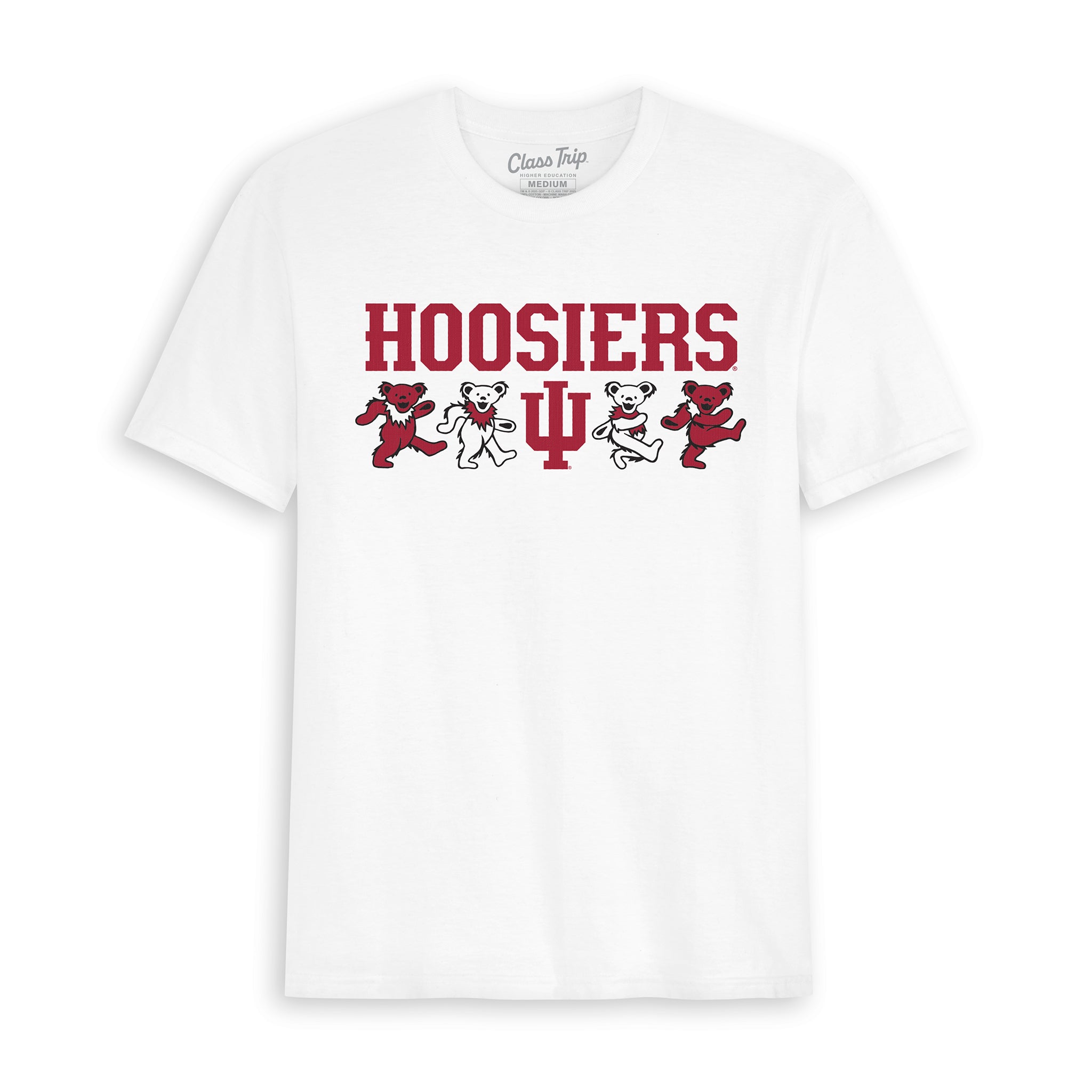 White Hoosiers t-shirt with dancing bears and trident logo. Class Trip | Higher Education