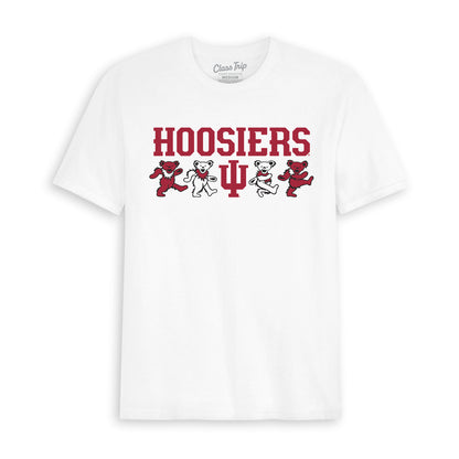 White Hoosiers t-shirt with dancing bears and trident logo. Class Trip | Higher Education