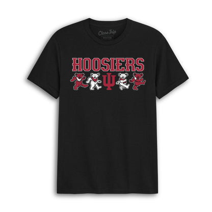 Black Hoosiers t-shirt featuring red bear graphics and logo. Class Trip | Higher Education
