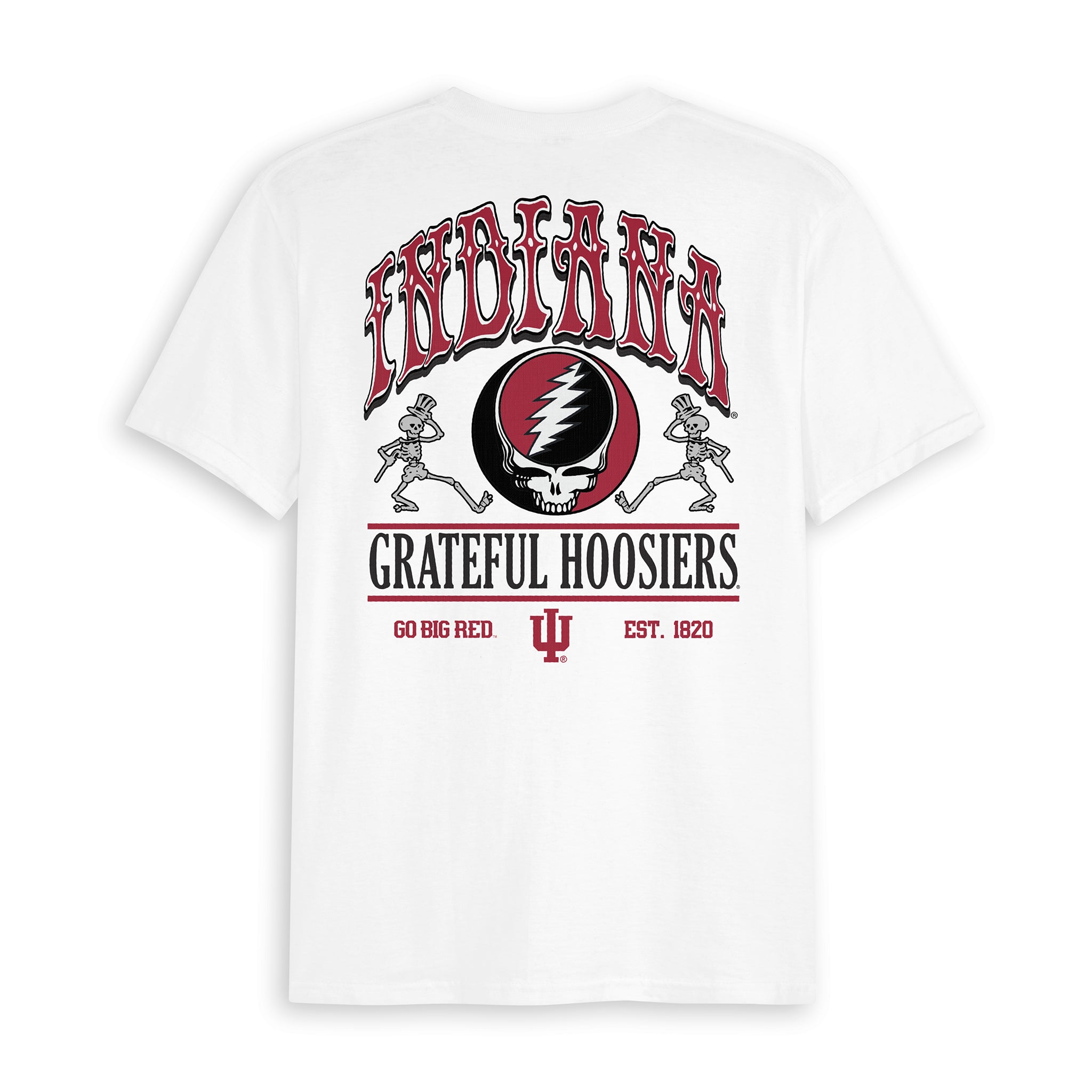 White t-shirt featuring Grateful Hoosiers design with skull and skeletons. Class Trip | Higher Education