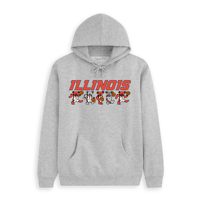 Gray Illinois hoodie with Grateful Dead dancing bears holding basketballs, collegiate apparel. Class Trip | Officially Licensed Collegiate Apparel