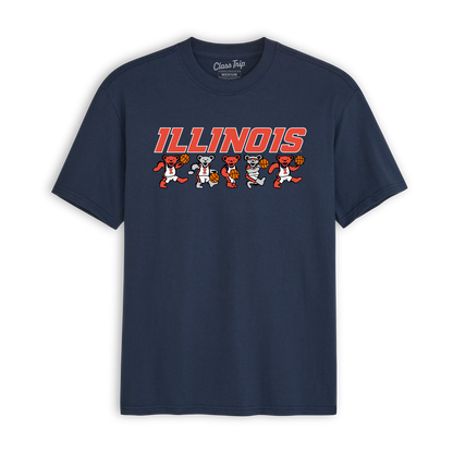 Navy Illinois basketball tee with dancing bears and bold college lettering. Class Trip | Officially Licensed Collegiate Apparel
