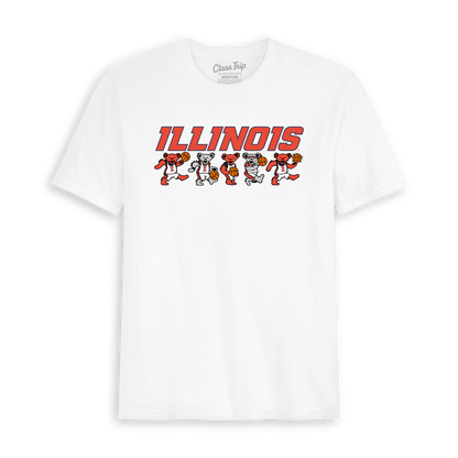 White Illinois t-shirt featuring dancing bears holding basketballs, collegiate spirit wear. Class Trip | Officially Licensed Collegiate Apparel