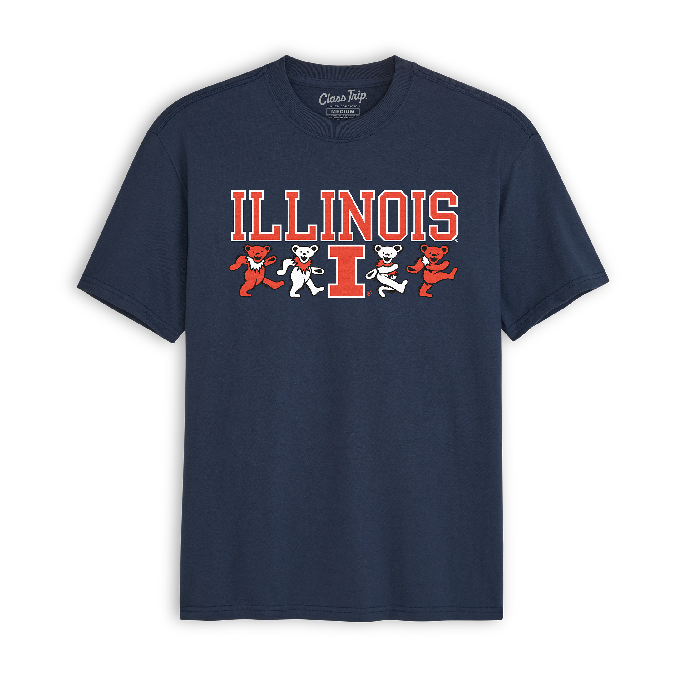 Navy Illinois t-shirt with Grateful Dead mascot bears and large red 'I' logo. Class Trip | Officially Licensed Collegiate Apparel