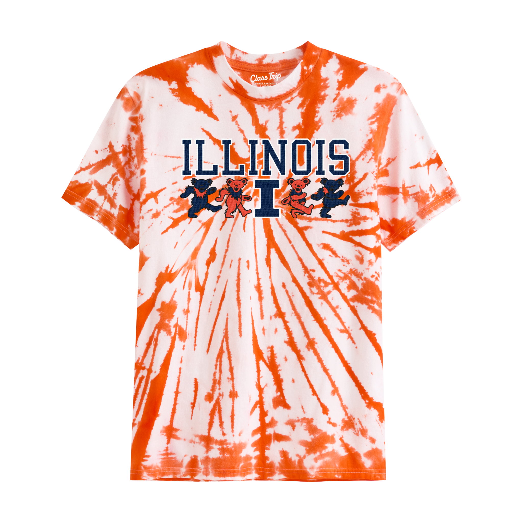 Illinois tie-dye t-shirt with Grateful Dead bears and bold logo, orange and white. Class Trip | Officially Licensed Collegiate Apparel