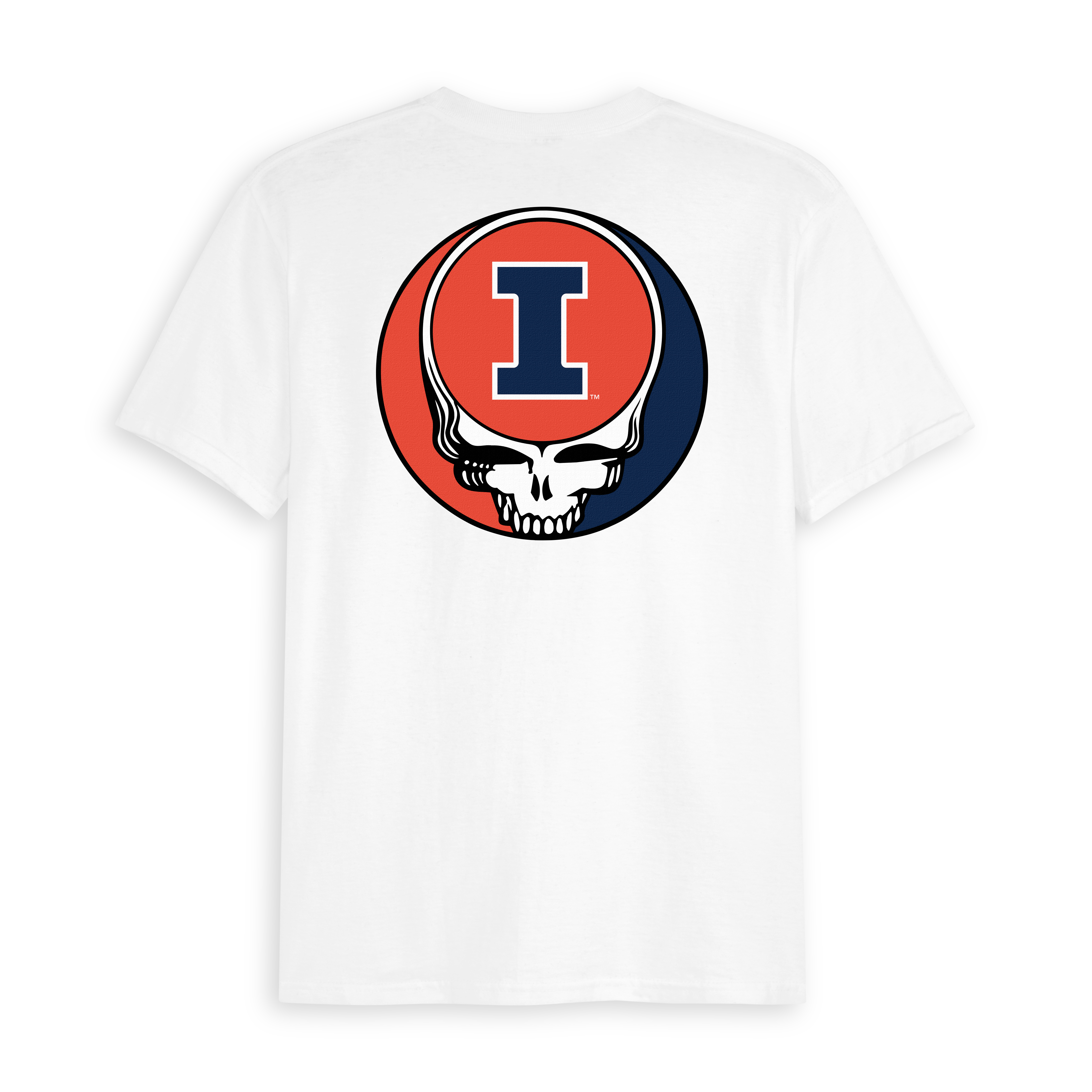 White t-shirt with Illinois logo and Grateful Dead skull graphic on back. Class Trip | Officially Licensed Collegiate Apparel