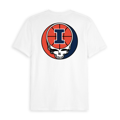 White Illinois tee with basketball and skull graphic, collegiate letter I on back. Class Trip | Officially Licensed Collegiate Apparel