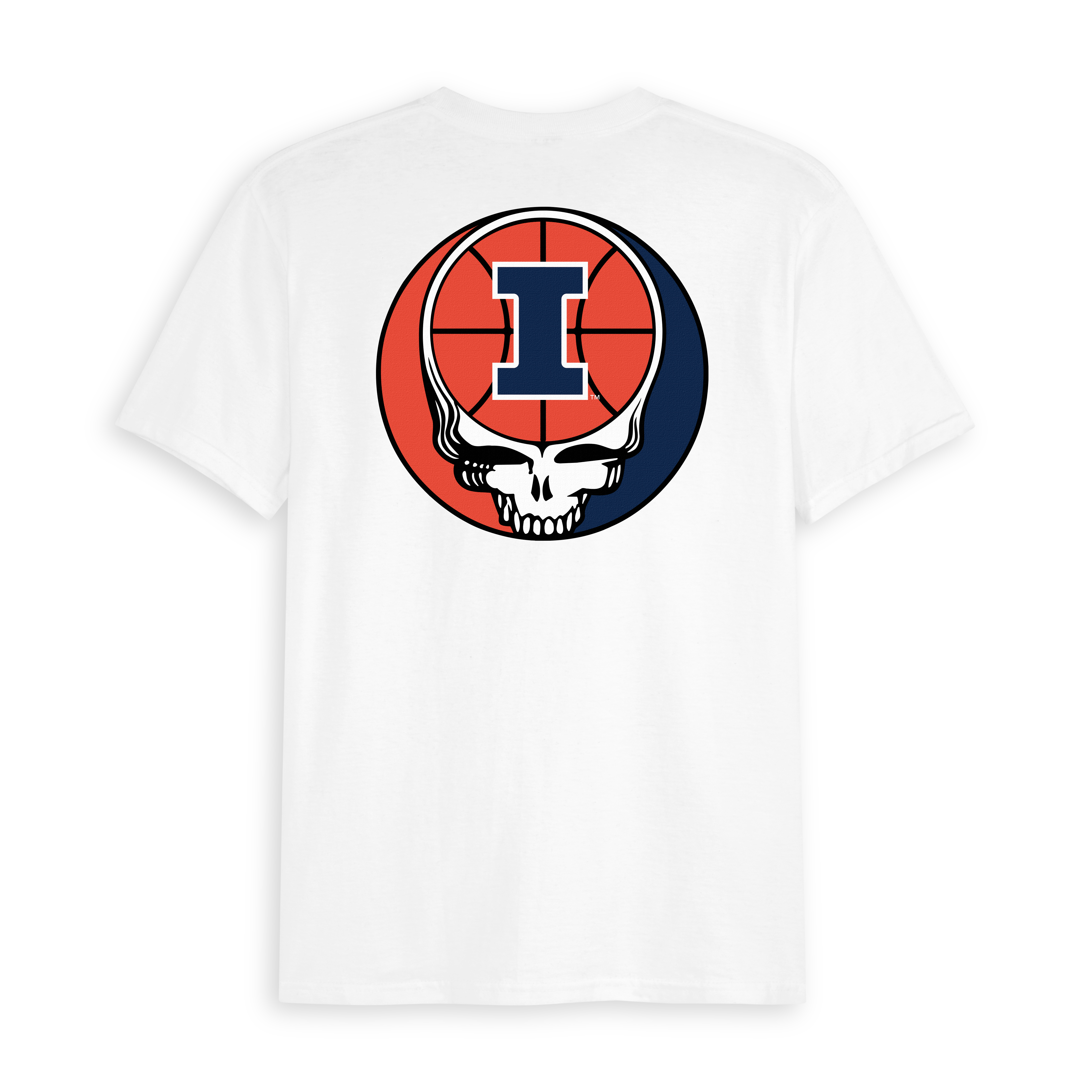 White Illinois tee with basketball and skull graphic, collegiate letter I on back. Class Trip | Officially Licensed Collegiate Apparel