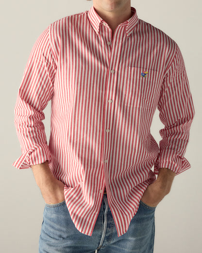 Men's red and white striped button-up shirt with embroidered collegiate logo, casual fit. Class Trip | Officially Licensed Collegiate Apparel