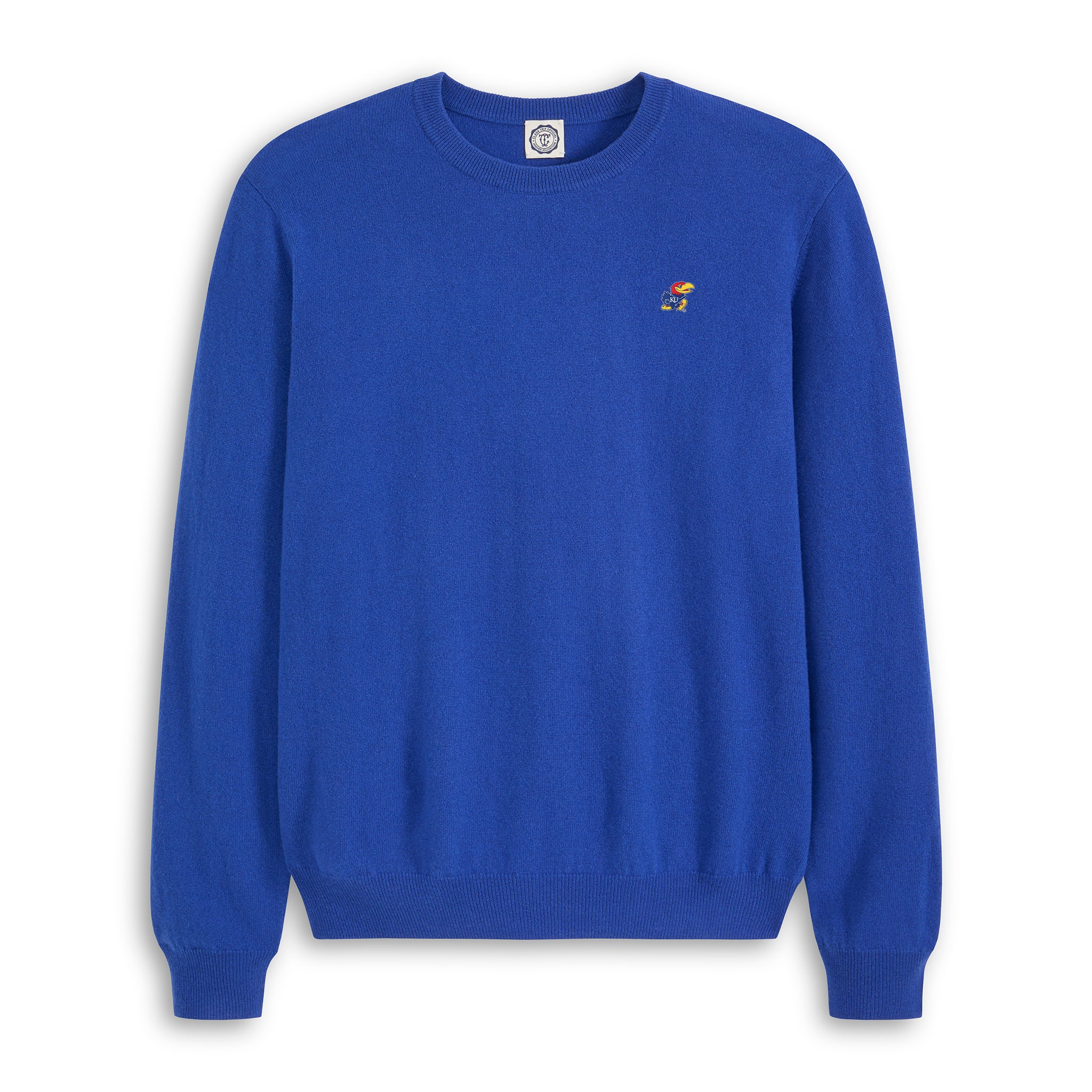 Royal blue crewneck sweater with embroidered Kansas Jayhawks mascot, Class Trip | Officially Licensed Collegiate Apparel