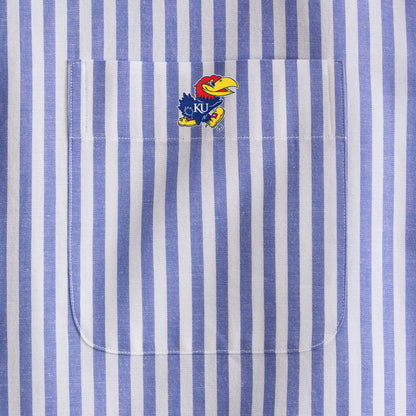 Blue and white striped men's shirt pocket with KU Jayhawk logo, Class Trip | Officially Licensed Collegiate Apparel