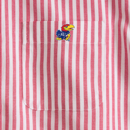 Closeup of red and white striped shirt pocket with collegiate logo, Class Trip | Officially Licensed Collegiate Apparel