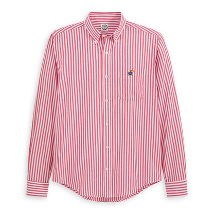 Men's red and white striped poplin button-down shirt with embroidered collegiate logo on chest, long sleeves, and front pocket | Class Trip | Officially Licensed Collegiate Apparel
