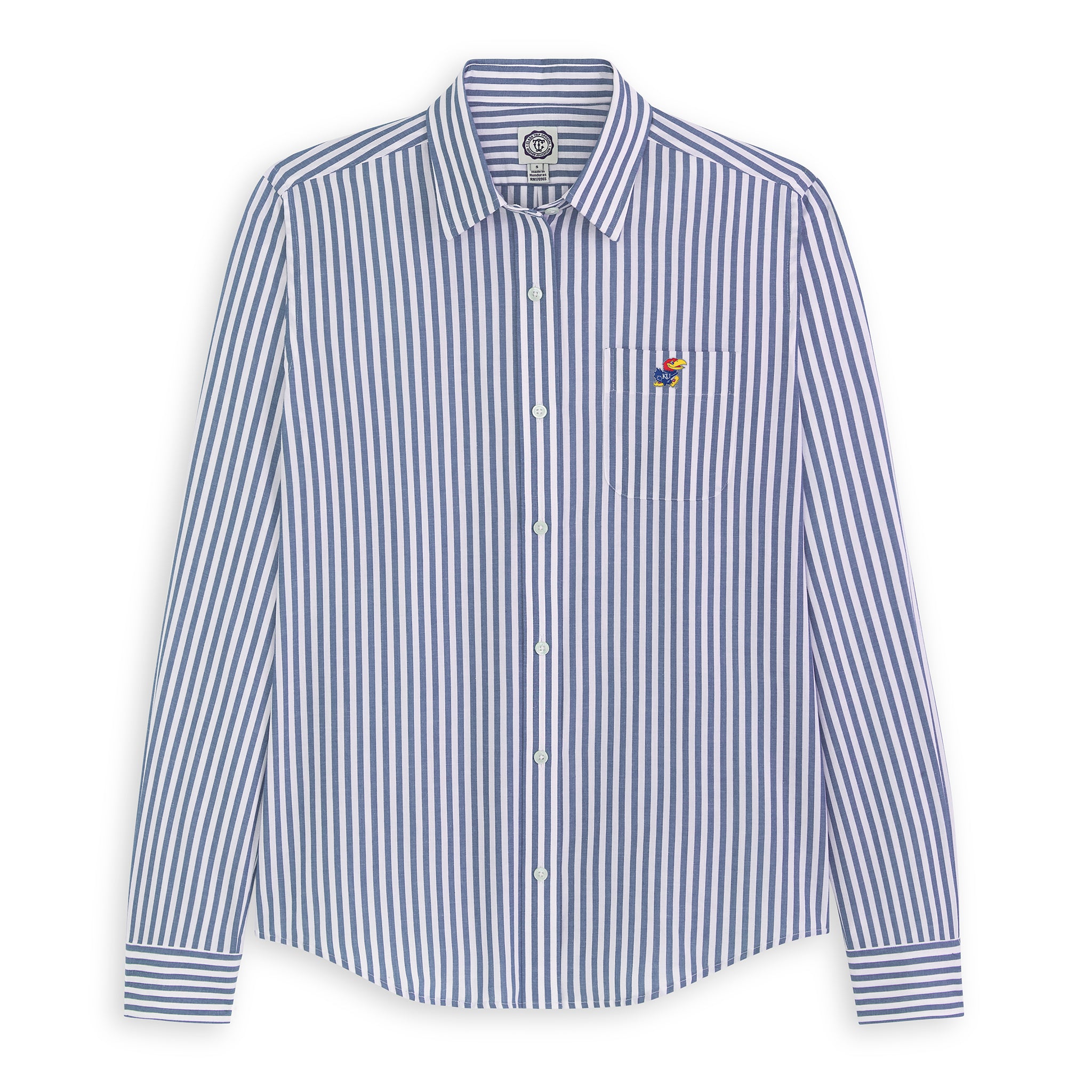 Women's blue and white striped poplin button-up shirt with embroidered collegiate logo on pocket. Class Trip | Officially Licensed Collegiate Apparel