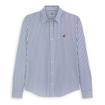 Women's blue and white striped poplin button-up shirt with embroidered collegiate logo on pocket. Class Trip | Officially Licensed Collegiate Apparel
