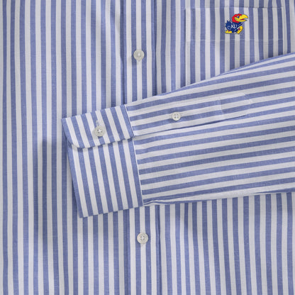 Blue and white striped women's poplin shirt with embroidered college logo on pocket. Class Trip | Officially Licensed Collegiate Apparel