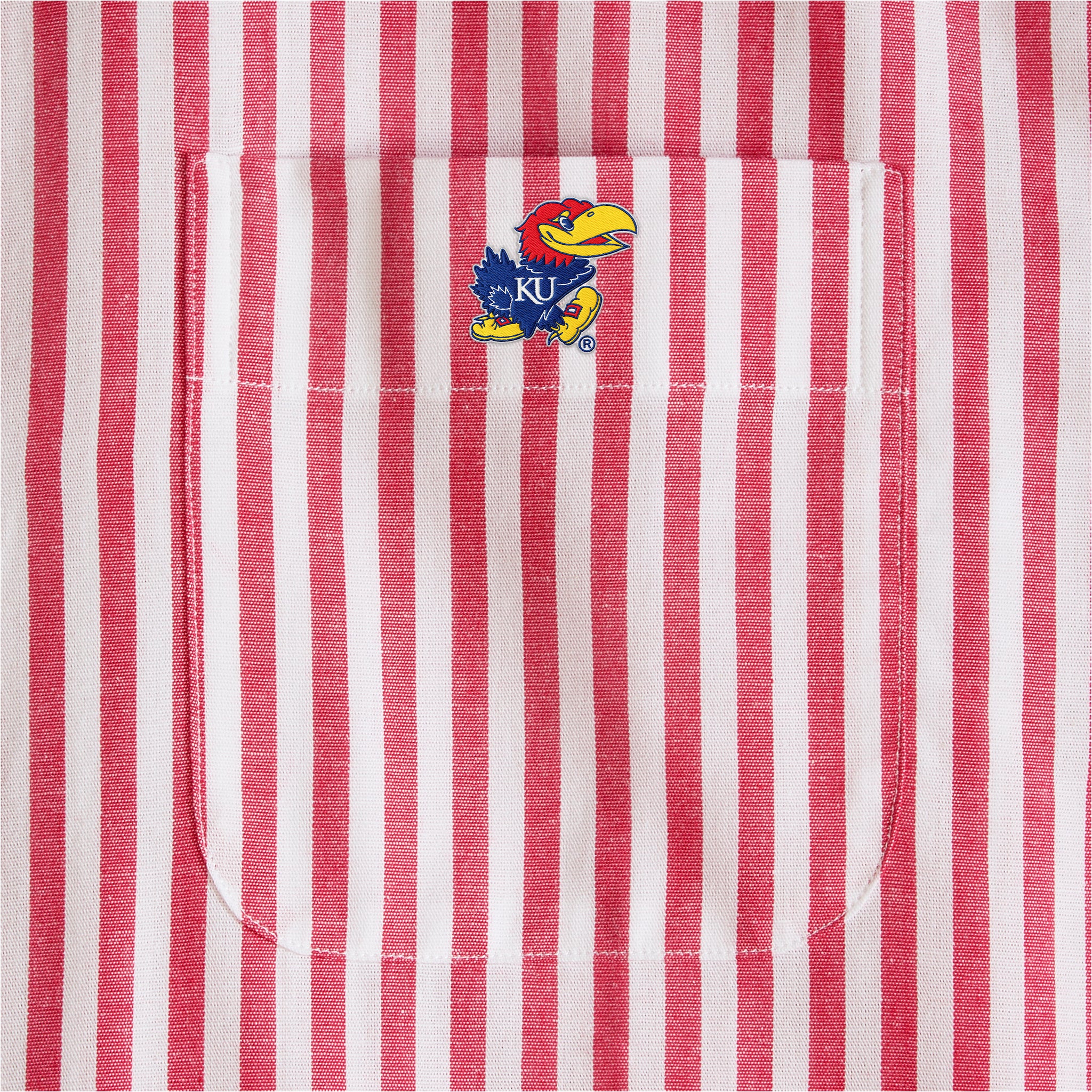 Red and white striped shirt pocket with KU Jayhawk logo embroidery. Class Trip | Officially Licensed Collegiate Apparel